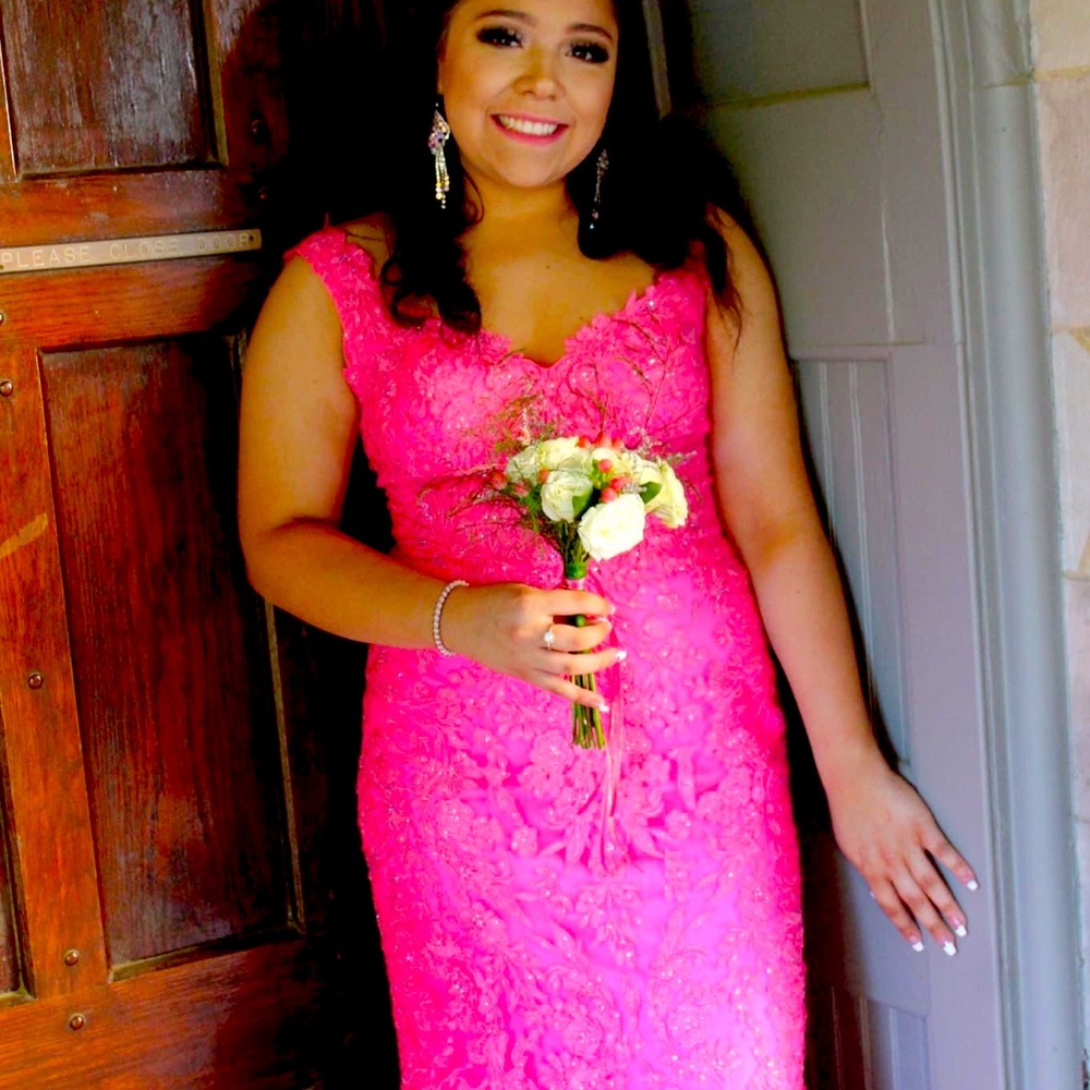 UP FOR SALE IS A SHERRY HILL SIZE 6 HOT PINK PROM DRESS, $550